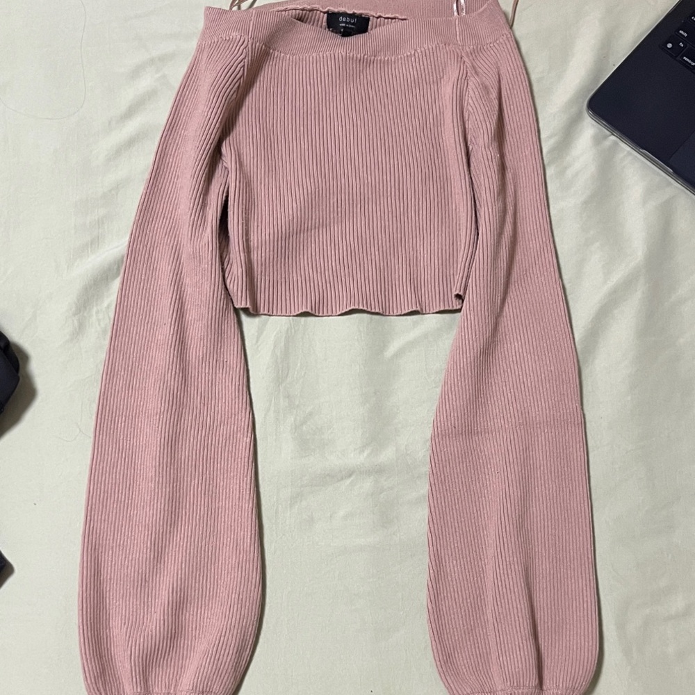 Beige/Cream Long Sleeve Cropped Ribbed Top